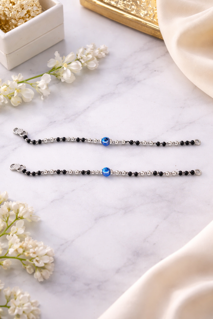 Silver nazariya with Black beads and evil eye center piece