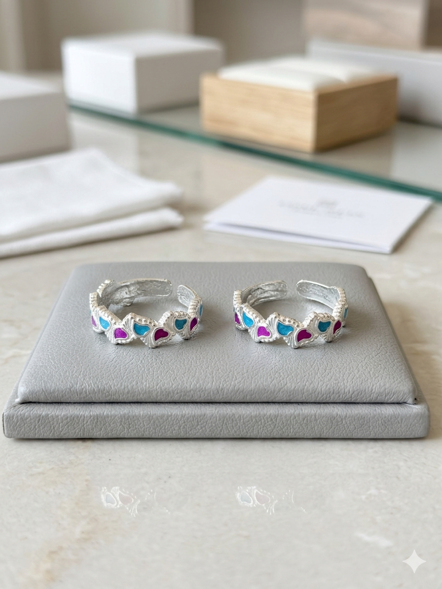 Aavika Sterling Silver Geometric Mosaic Toe Rings – heart shape Enamel Pattern (Pair)