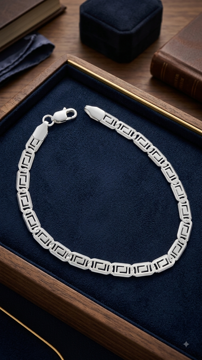 Men’s Silver Greek Key Link Chain Bracelet