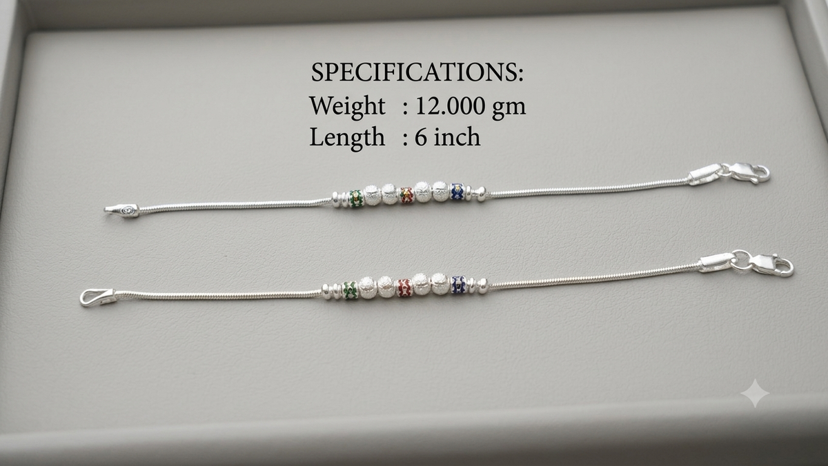 Multi-Color Meenakari & Frosted Ball Silver Kids Anklets