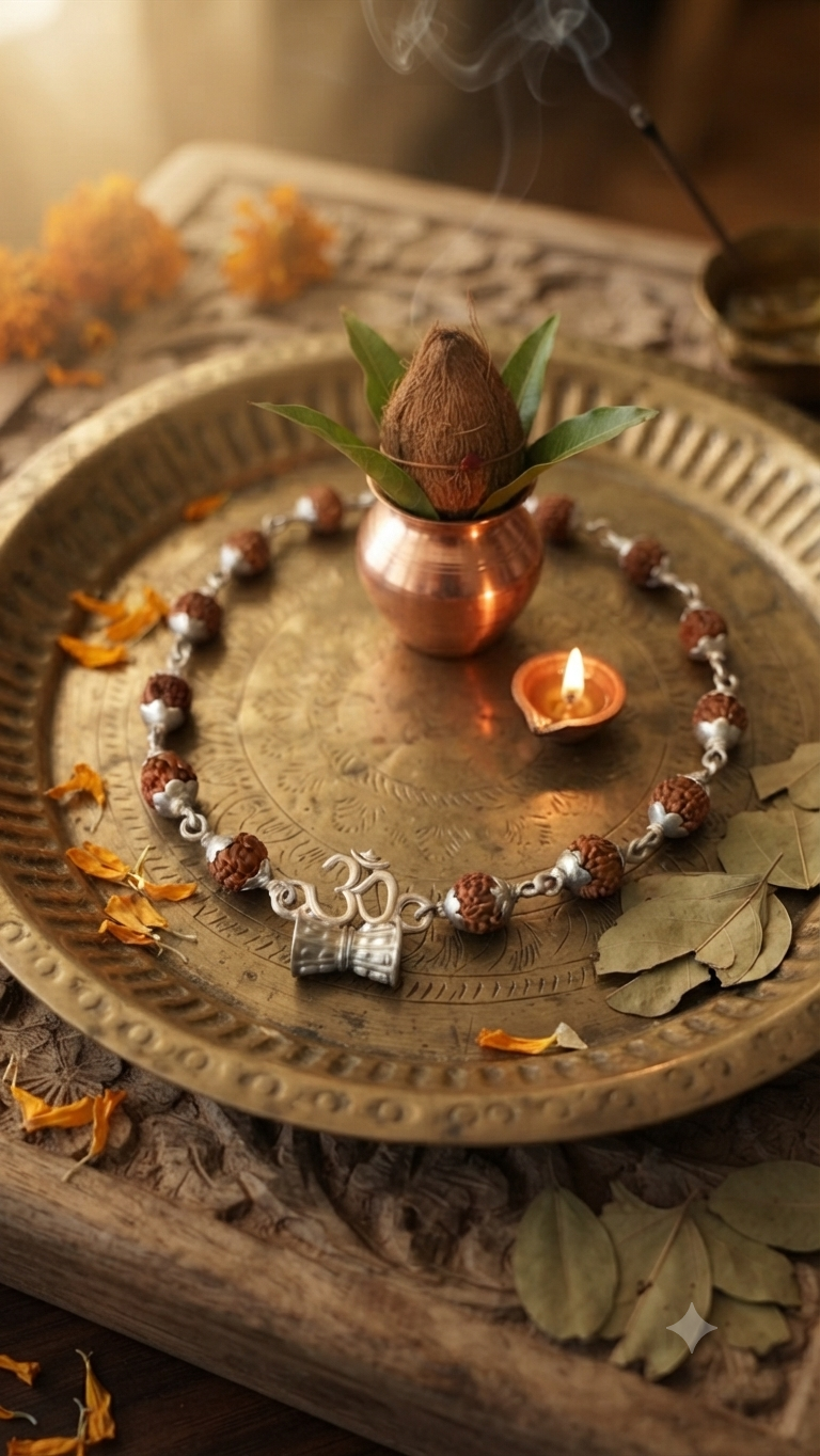 Silver Rudraksha Bracelet for Men with Om & Damru Charms | Spiritual Mahadev Wrist Band / Rakhi