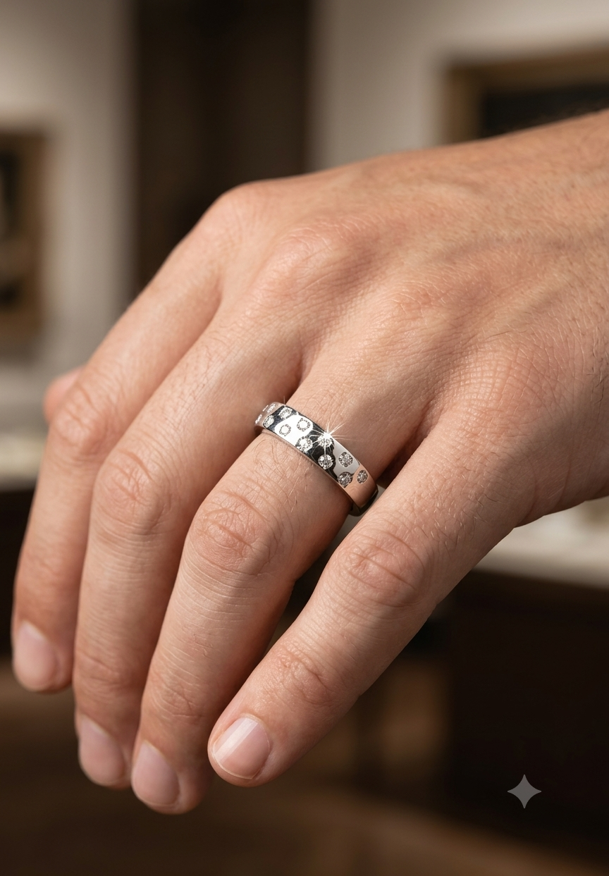 Men’s Starburst Flush-Set Diamond Wedding Band in High-Polish 925 Silver – Scattered Diamond Ring