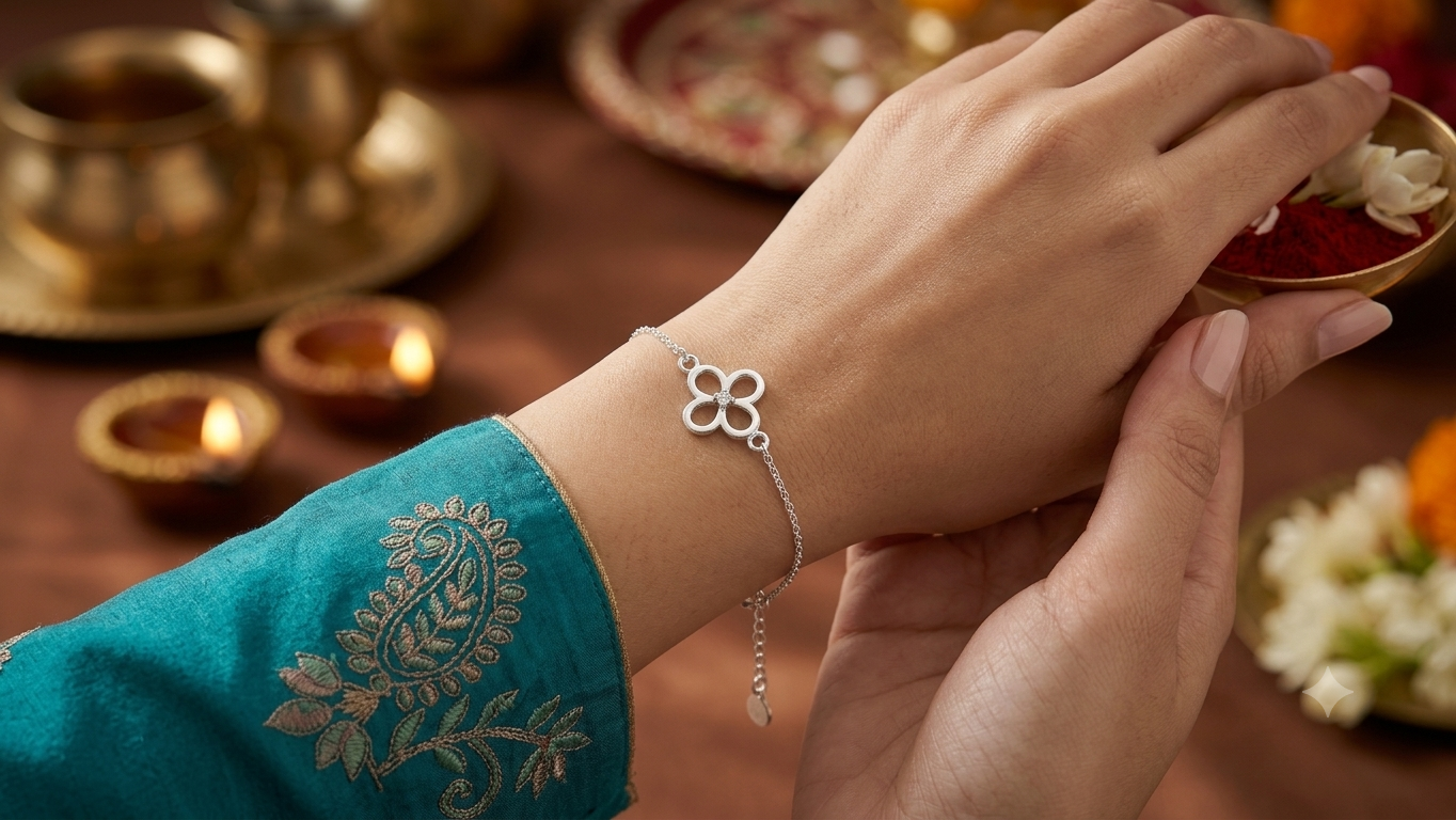 Pure 925 Silver Floral Lumba Rakhi Bracelet for Bhabhi