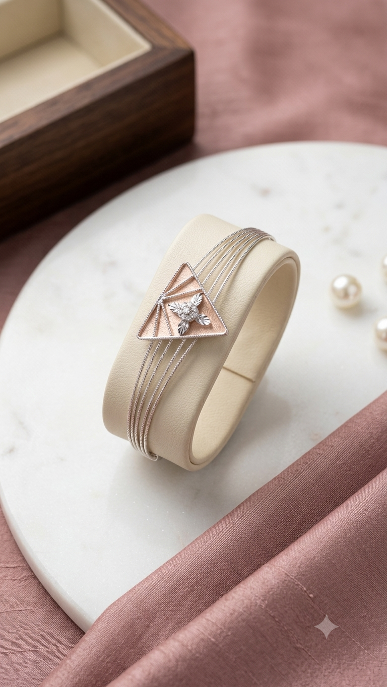 Geometric Elegance: Two-Tone Triangular Silver Kada Bracelet for Women & Girls | Modern Minimalist Multi-Wire Bangle