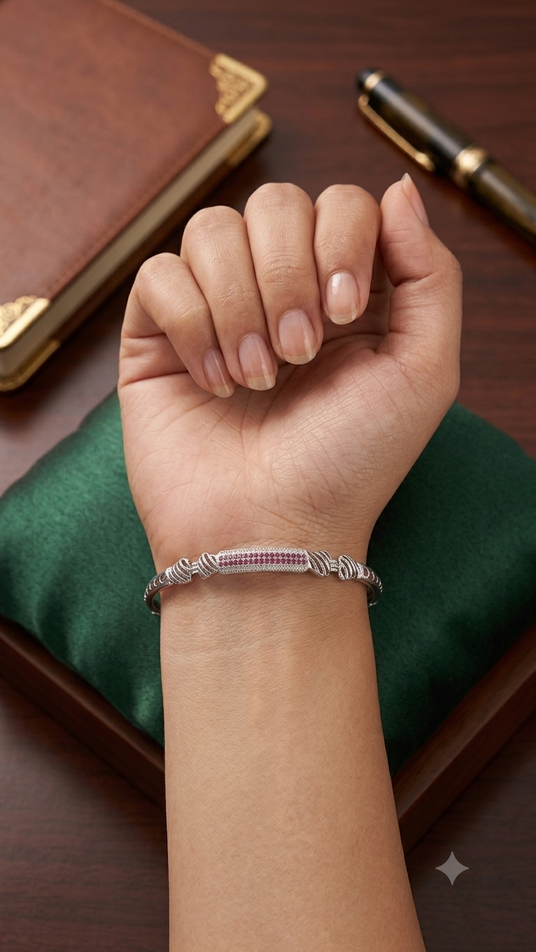 Elegant Silver kada with Ruby-Red Accents