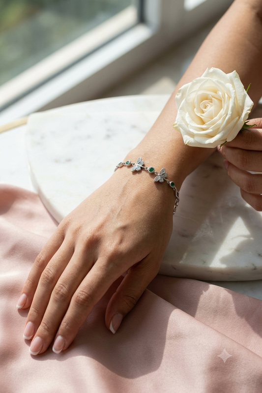 925 Sterling Silver Dragonfly Bracelet with Green Stones & American Diamonds | Adjustable Dainty Link Bracelet for Women