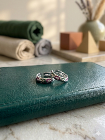 Aavika Sterling Silver Geometric Mosaic Toe Rings – Enamel Pattern (Pair)