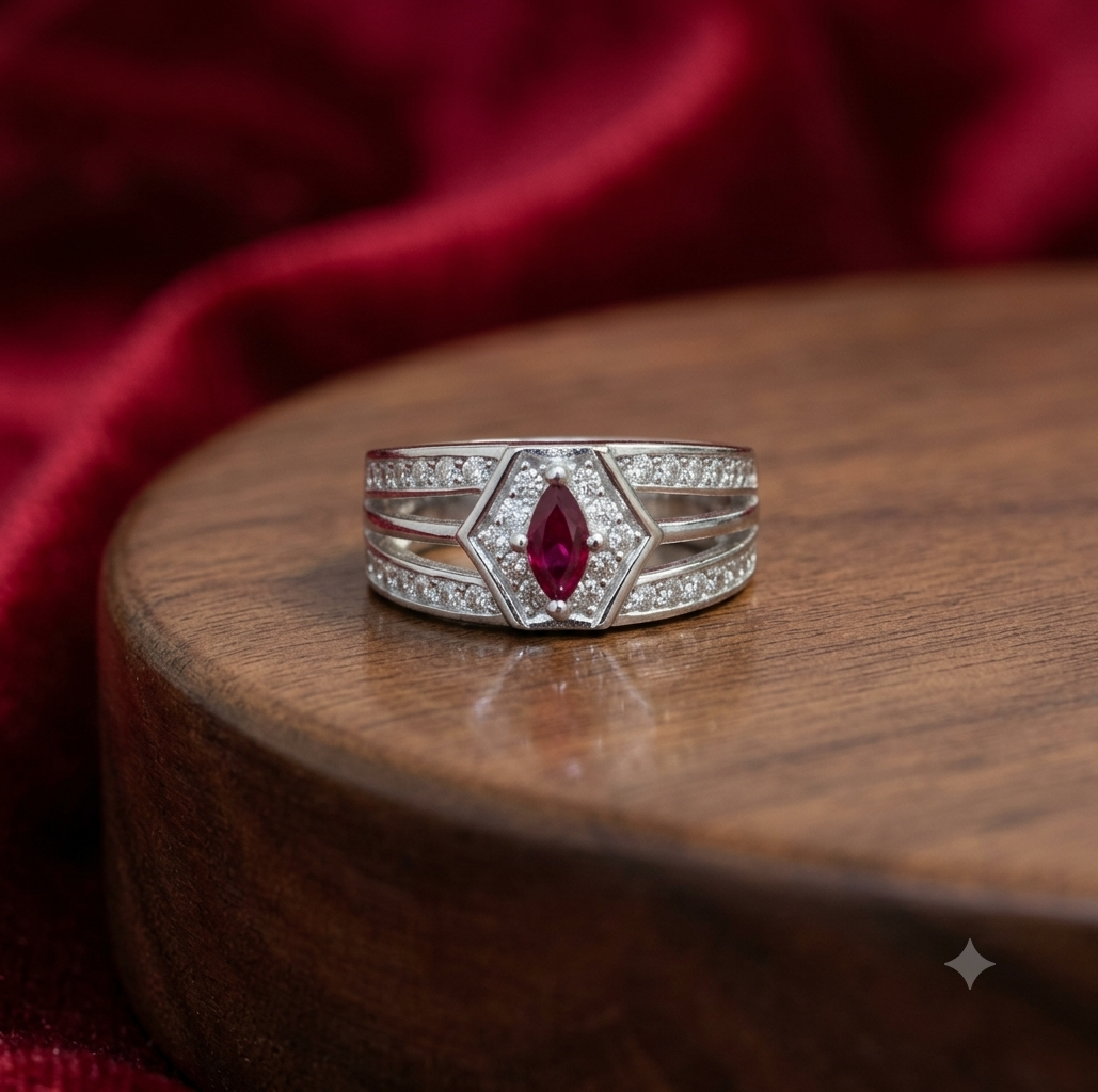 Pure 925 Silver Red Marquise Gemstone Statement Ring with Micro-Pavé CZ Multi-Row Band