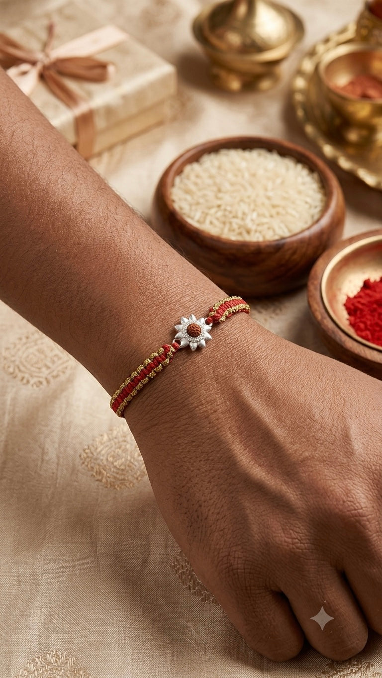 Silver Sum Charm With rudraksha Red & Gold Braided Thread Rakhi