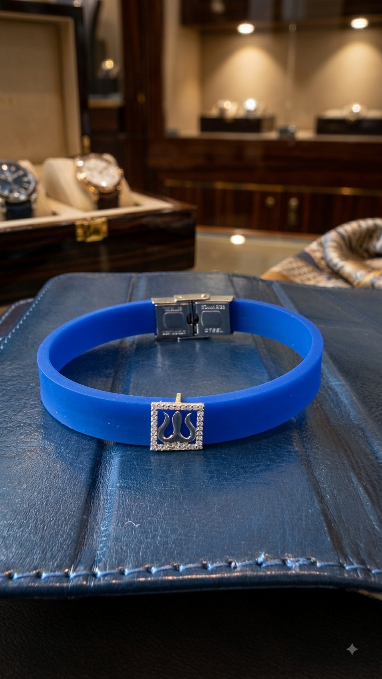 Royal blue Silicone Belt Silver Trishul Charm Bracelet Rakhi