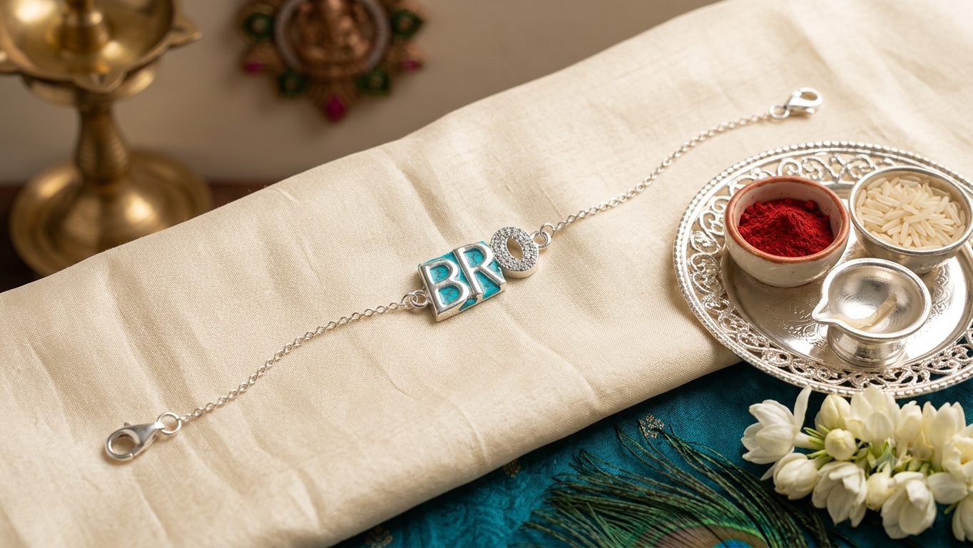 925 Silver "BRO" Alphabet Charm Bracelet / Rakhi with Stone Detailing