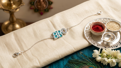925 Silver "BRO" Alphabet Charm Bracelet / Rakhi with Stone Detailing