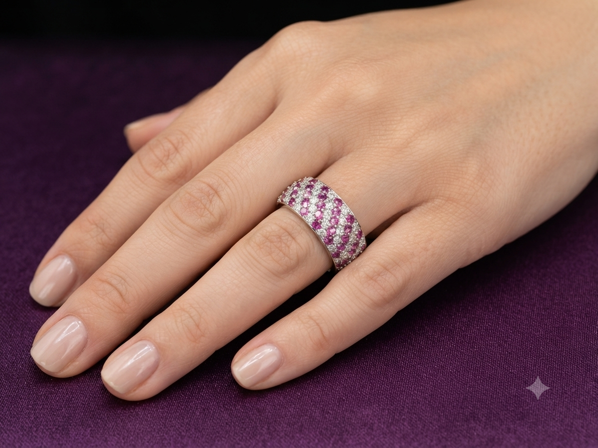 Sterling Silver Pink Sapphire & White CZ Cigar Band Ring – Two-Tone Wide Dome Cocktail Ring