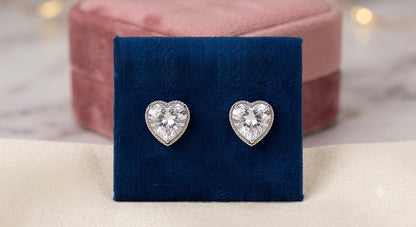 Heart-Cut Solitaire Stud Earrings – Vintage Milgrain Beaded Border Cubic Zirconia Studs in Silver