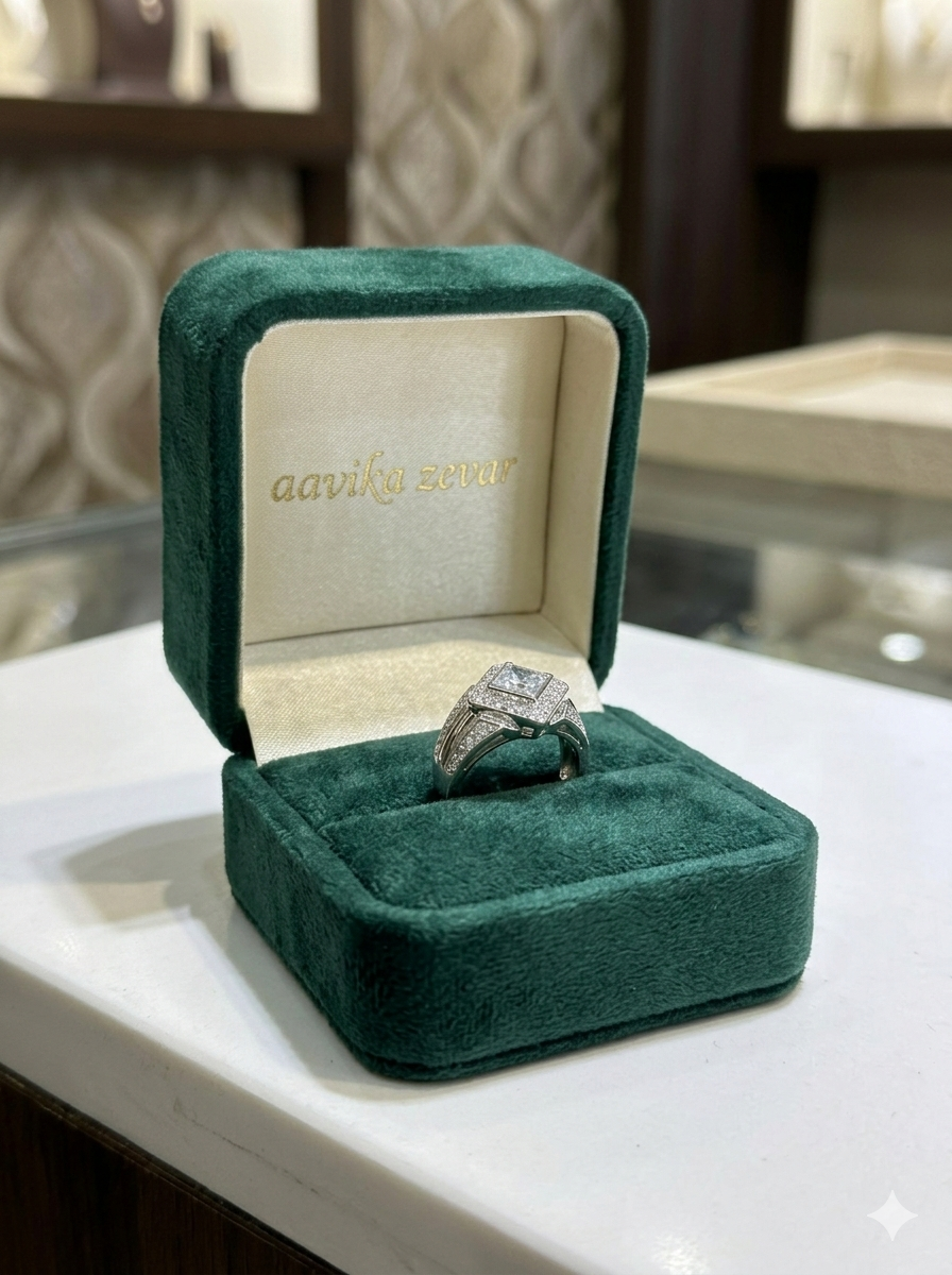 Men’s Rhombus Princess-Cut Double Halo Diamond Signet Ring in 925 Silver