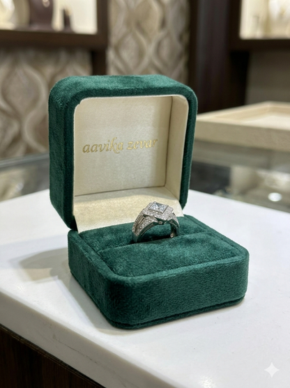Men’s Rhombus Princess-Cut Double Halo Diamond Signet Ring in 925 Silver
