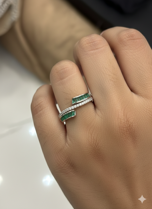 Emerald & Diamond Bypass Wrap Ring in 925 silver