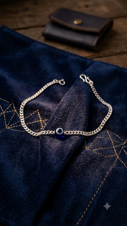Silver Blue Evil Eye Nazariya Bracelet / rakhi - Sleek Curb Chain unisex