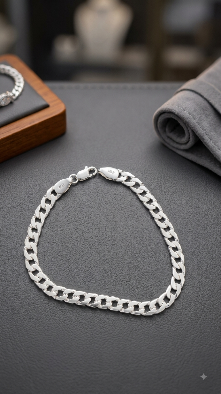 Men's Silver Curb Chain Bracelet | Diamond-Cut Link Bracelet