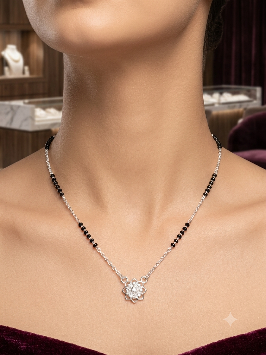 Silver Mangalsutra with flower Pendant | Daily Wear Black Beads Chain for Women | Lightweight Traditional Jewelry