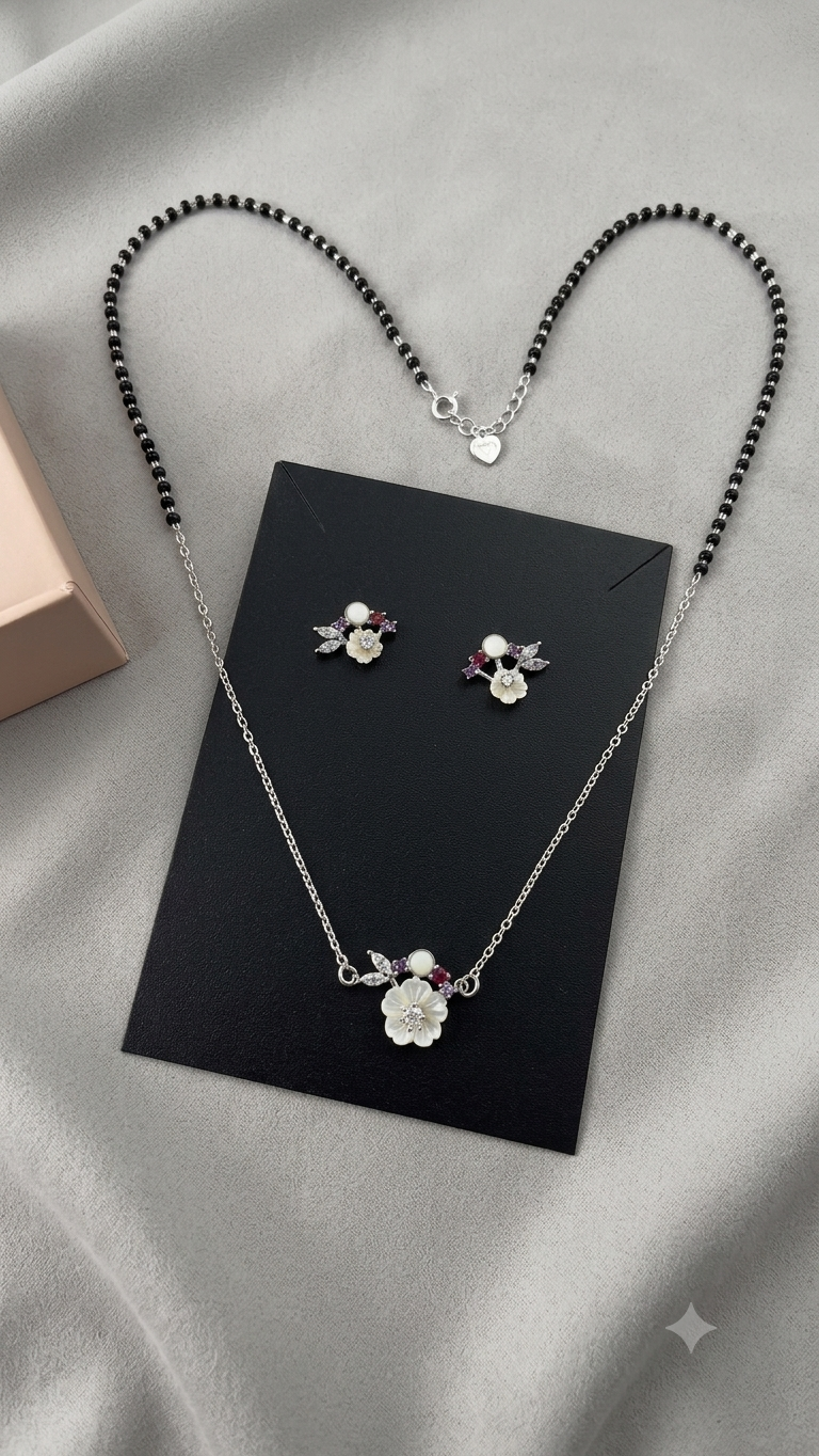 Silver Floral Modern Mangalsutra Set