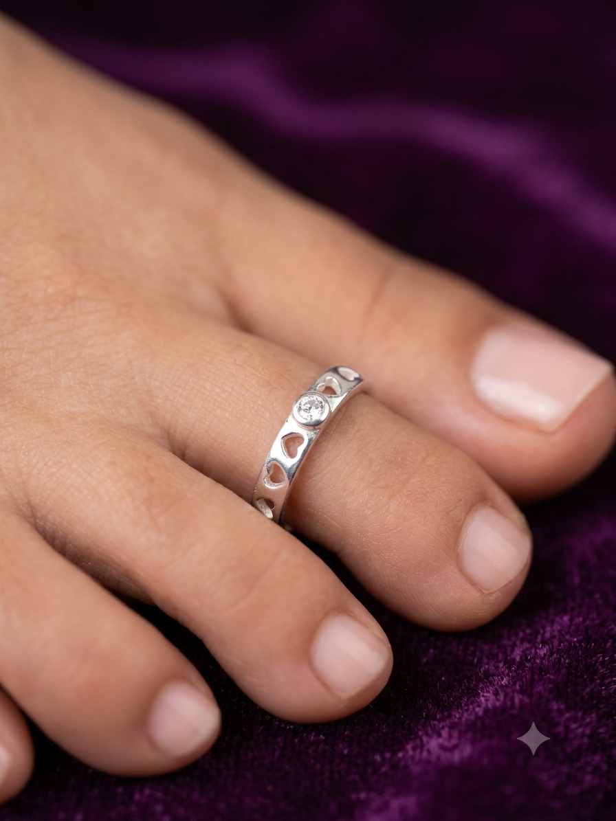 Pure 925 Sterling Silver Solitaire Heart Cutout Toe Rings (Bichiya) for Women – CZ Embellished Adjustable Pair