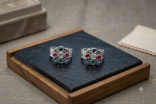 Silver Adjustable Toe Rings for Women | Floral Design with Multicolor Stones | Oxidized Silver Bichiya | Traditional & Daily Wear (Pair)