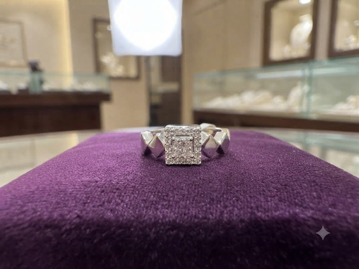 Sterling Silver Geometric Square Halo Cluster Ring – Faceted Pyramid Shank Statement Ring