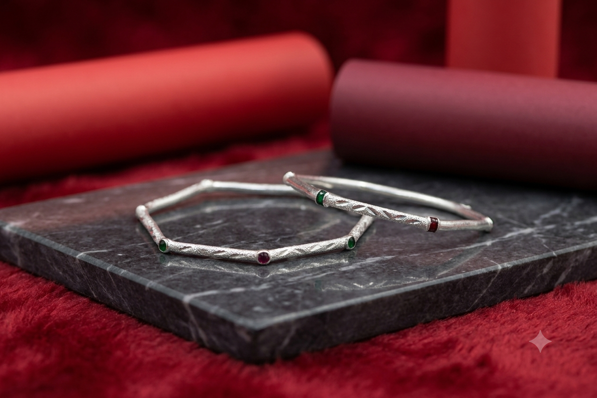 Geometric Diamond-Cut Kids Silver Bangle Pair (2 to 4 year age)