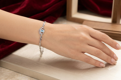 925 Sterling Silver Evil Eye Charm Bracelet with Infinity Links