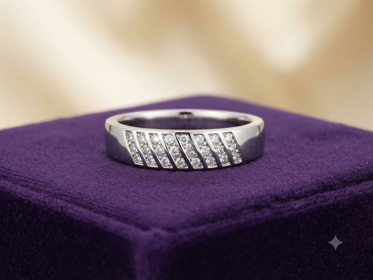 Men’s Sterling Silver Diagonal Pavé Band – Modern Channel-Set CZ Grooved Wedding Ring