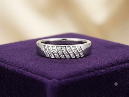 Men’s Sterling Silver Diagonal Pavé Band – Modern Channel-Set CZ Grooved Wedding Ring
