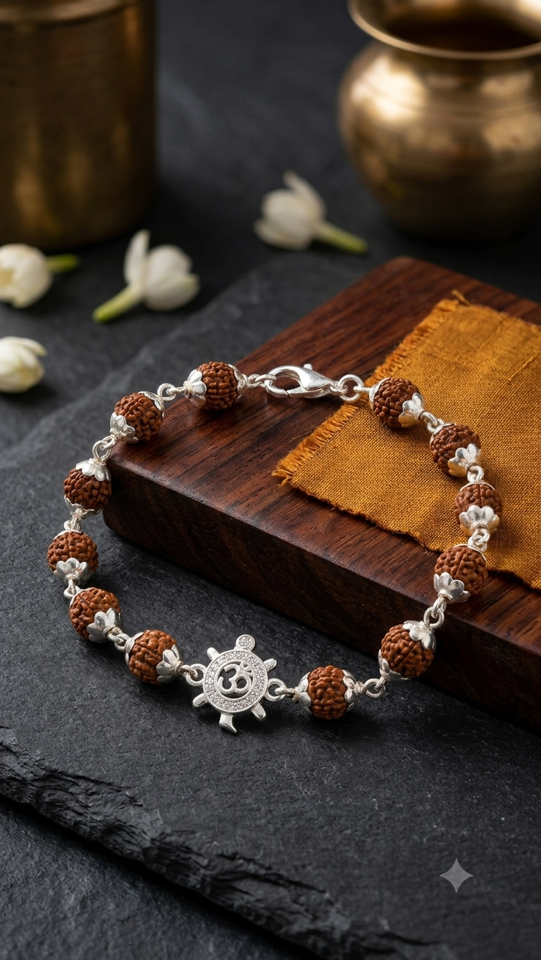Silver Om turtle Rudraksha Bracelet / Rakhi