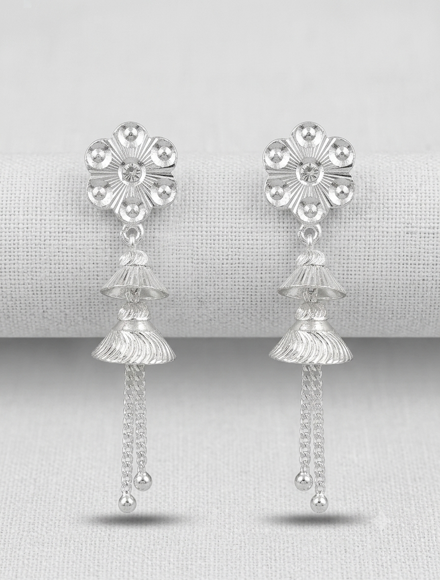 925 Sterling Silver Floral Tiered Jhumka Drop Earrings with Chain Tassels