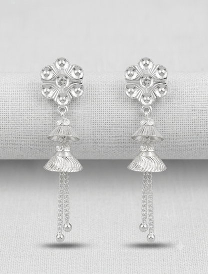 925 Sterling Silver Floral Tiered Jhumka Drop Earrings with Chain Tassels