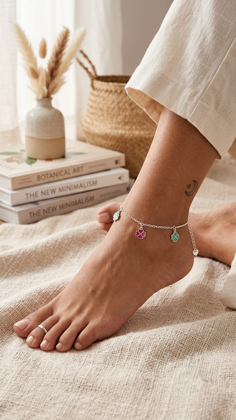 Sterling Silver Multi-Color Four-Leaf Clover Anklet (pair)