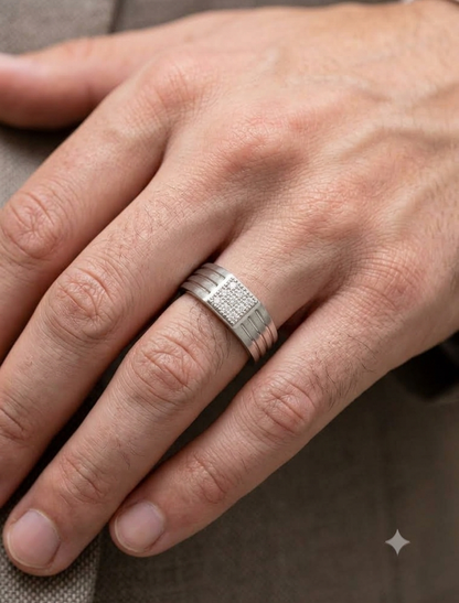 Men’s Diamond Signet Band in 925 Silver – Grooved Modern Wedding Ring