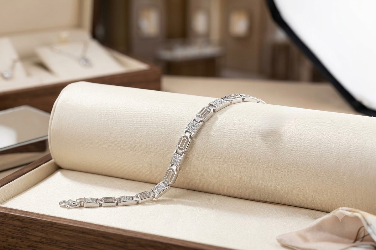 Alternating rectangular & geometric links Elegant Silver-Tone Designer Bracelet