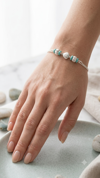 Turquoise & Hammered Silver Heart Multi-Strand Bracelet / rakhi for girls