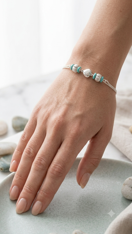 Turquoise & Hammered Silver Heart Multi-Strand Bracelet / rakhi for girls