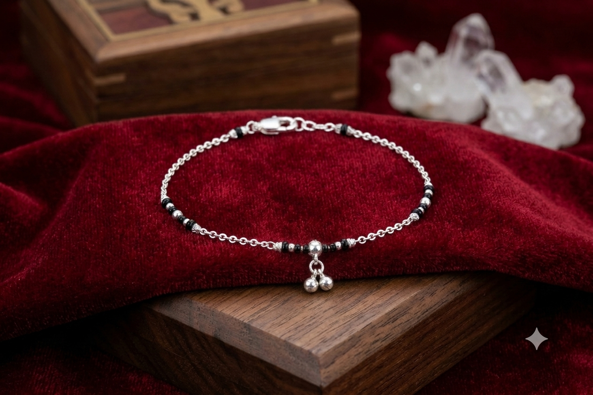 Silver Minimalist Bracelet with Double Ghungroo Charm & Black Beads for Women