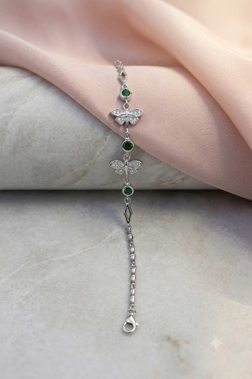 925 Sterling Silver Dragonfly Bracelet with Green Stones & American Diamonds | Adjustable Dainty Link Bracelet for Women