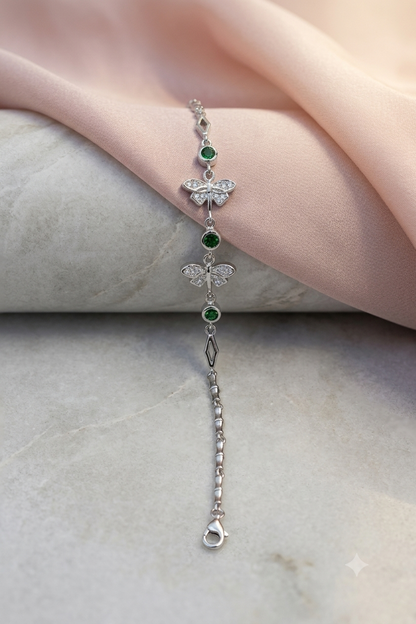 925 Sterling Silver Dragonfly Bracelet with Green Stones & American Diamonds | Adjustable Dainty Link Bracelet for Women