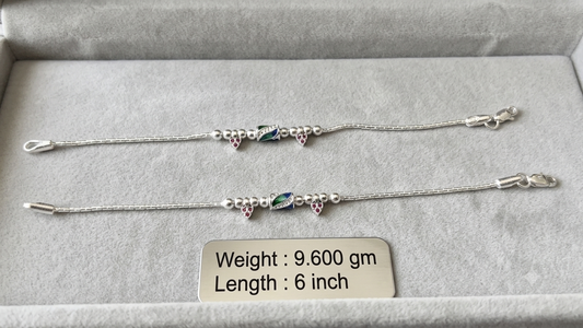 Handcrafted Silver Kids Payal with Green/Blue Meenakari & Dangling Berry Drops