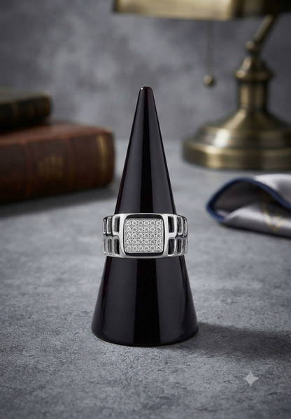 Men’s Square Diamond Signet Ring with Cut-Out Grid Shoulders in 925 Silver