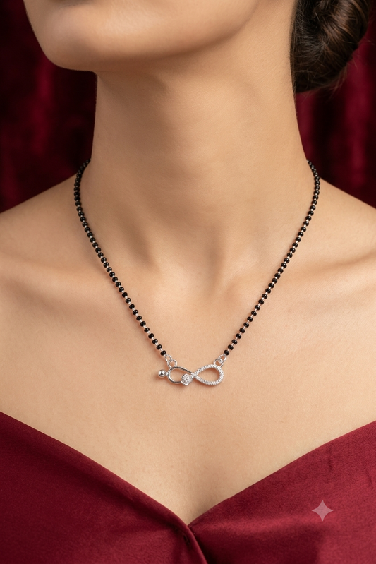 Italian Silver 925 Hallmarked Mangalsutra for Women | Infinity Design with small flower CZ Pendant | Black Beads Chain | Daily Wear & Gift for Wife