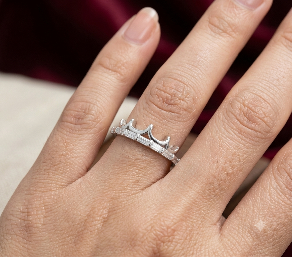 925 Sterling Silver Tiara Crown Ring with Baguette Cut CZ Diamonds for Women