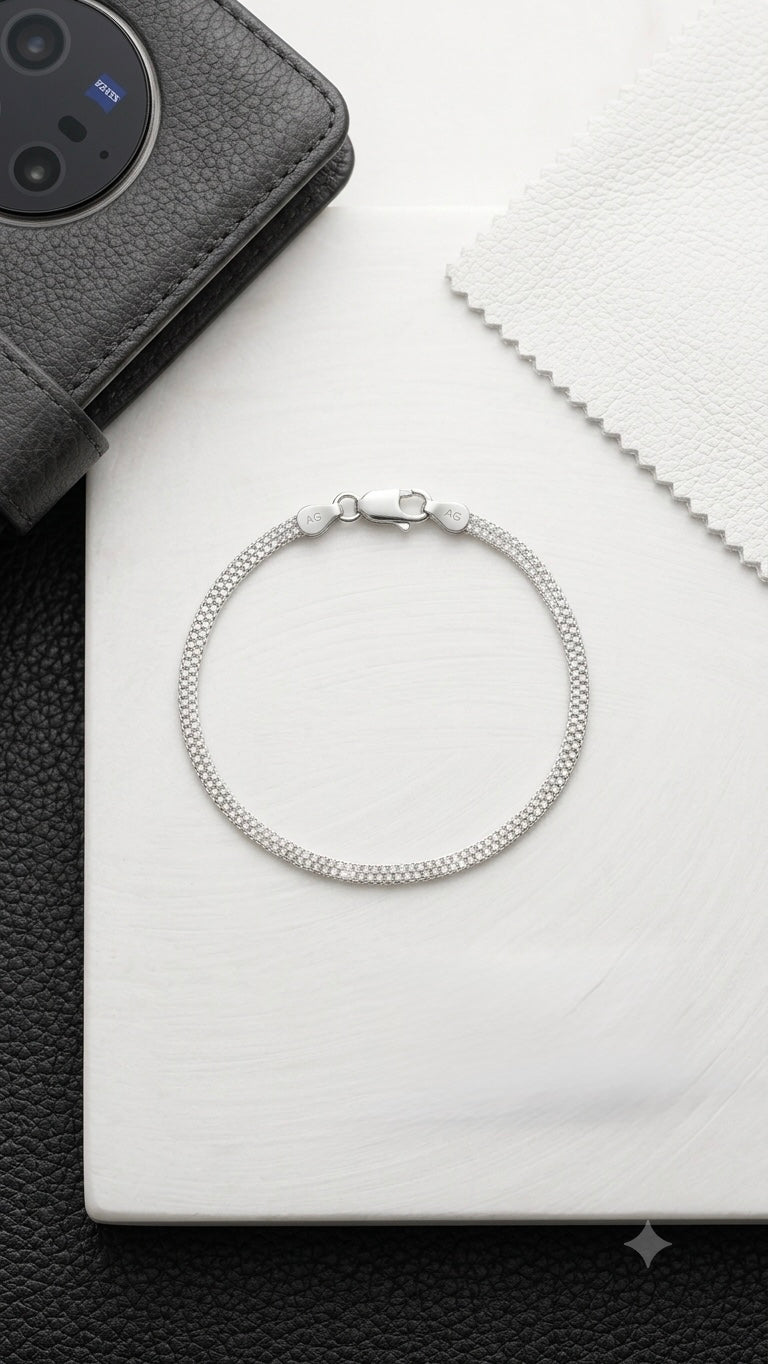 Sleek Woven Mesh Silver Chain Bracelet for Men & Women | Minimalist Italian Popcorn Link Bracelet with Sturdy Lobster Clasp