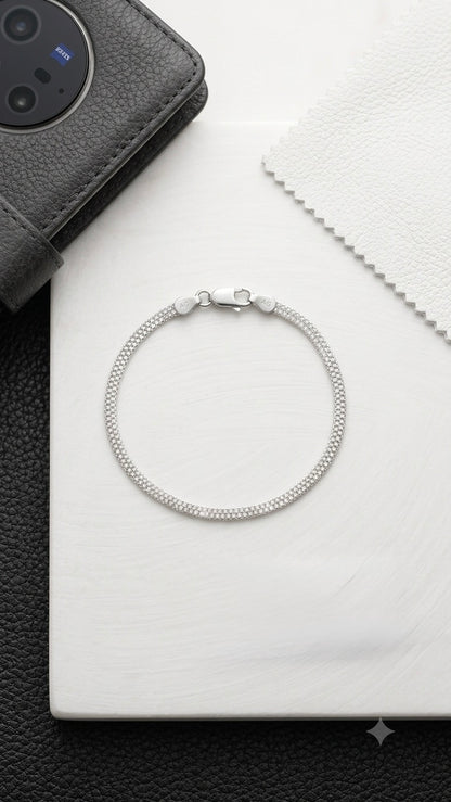 Sleek Woven Mesh Silver Chain Bracelet for Men & Women | Minimalist Italian Popcorn Link Bracelet with Sturdy Lobster Clasp