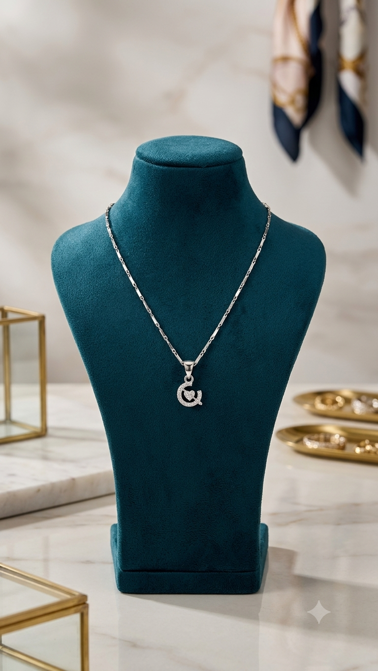 925 Silver Crescent Heart Pendant Necklace – Sparkling Zirconia Initial Heart Charm Jewelry for Women